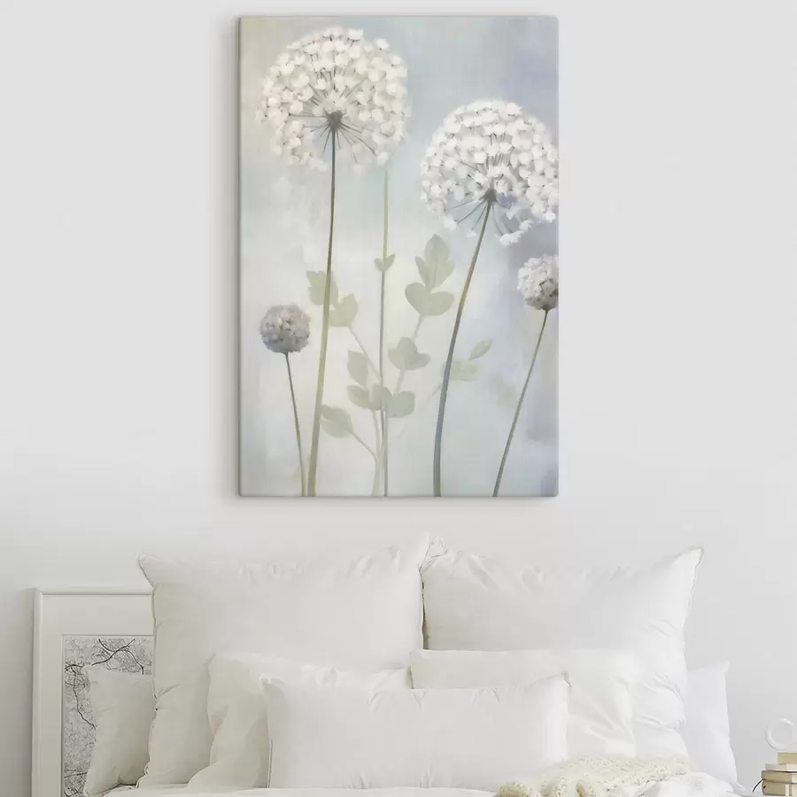  Peintures Des pissenlits blancs aux feuilles vertes sur un fond bleu pâle et blanc s50212