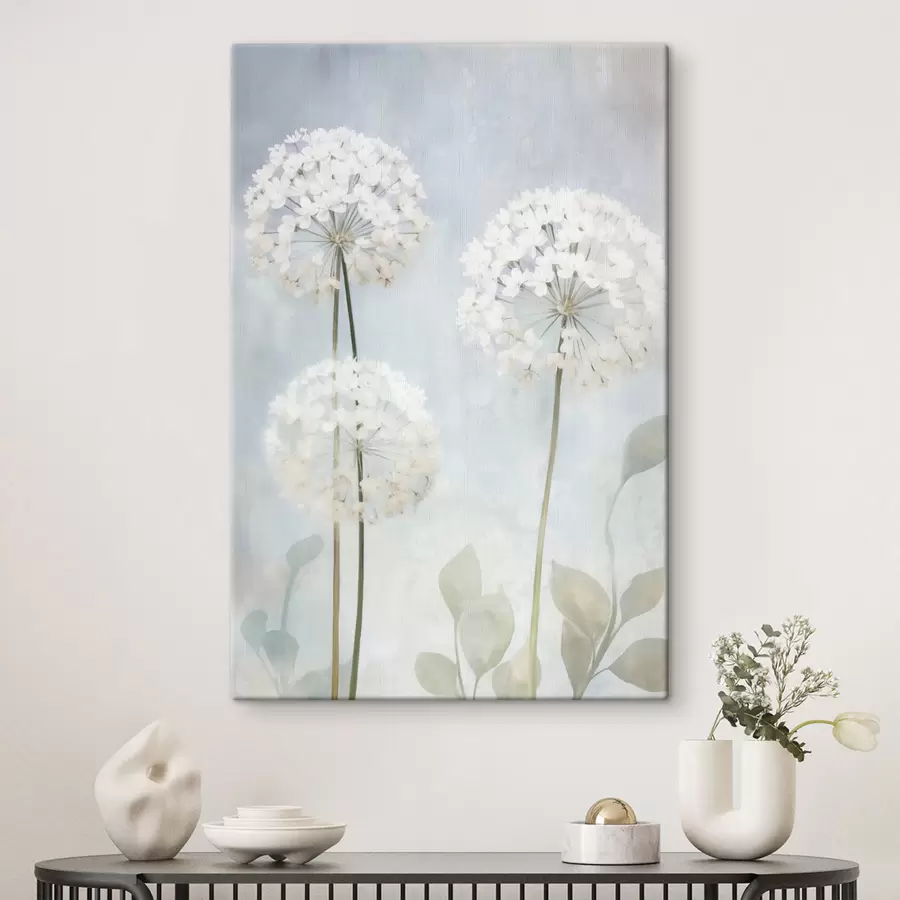  Peintures Des pissenlits blancs aux feuilles vertes sur un fond bleu pâle et blanc s50213