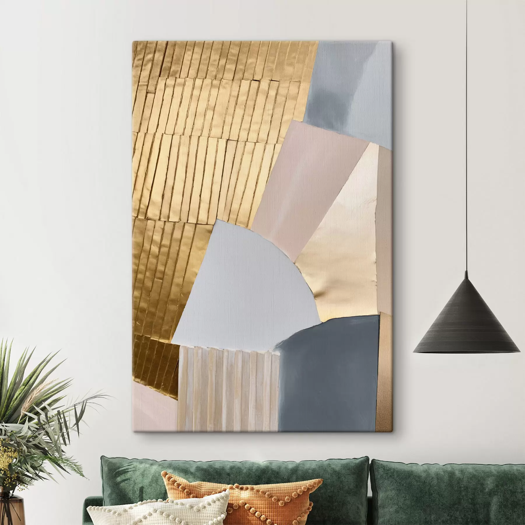  Schilderijen Abstracte geometrische vormen met een gele textuur en in de kleuren lichtroze en grijs s50220