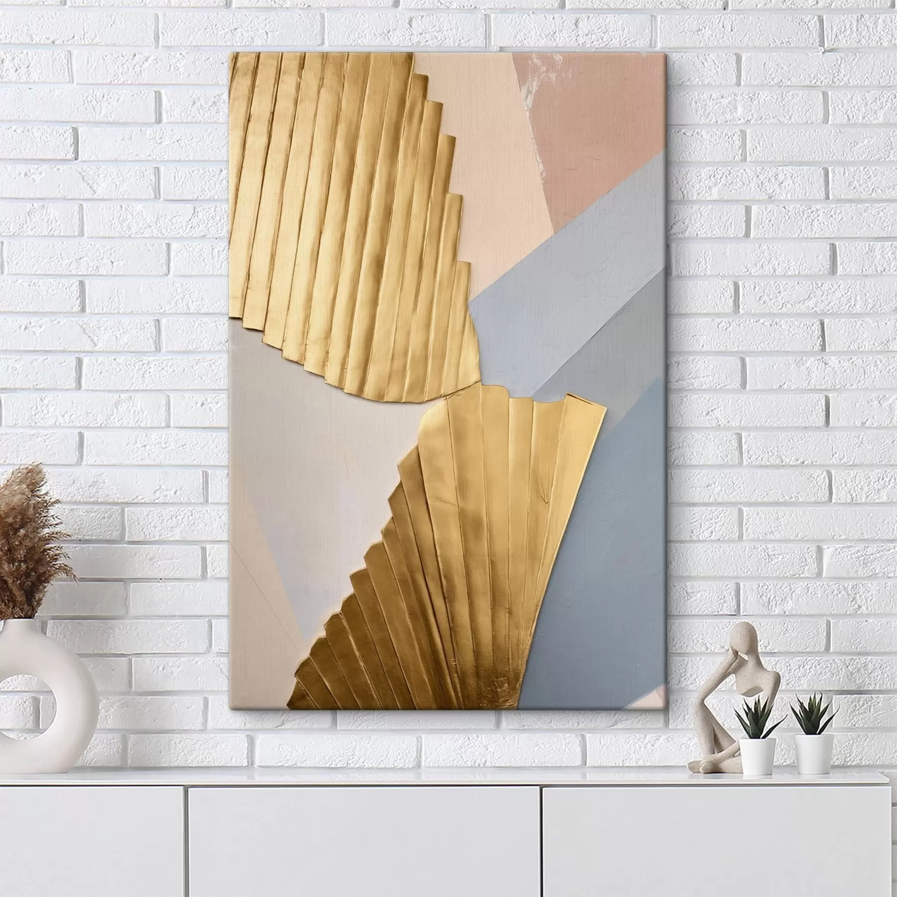  Schilderijen Abstracte geometrische vormen met een gele textuur en in de kleuren lichtroze en grijs s50221