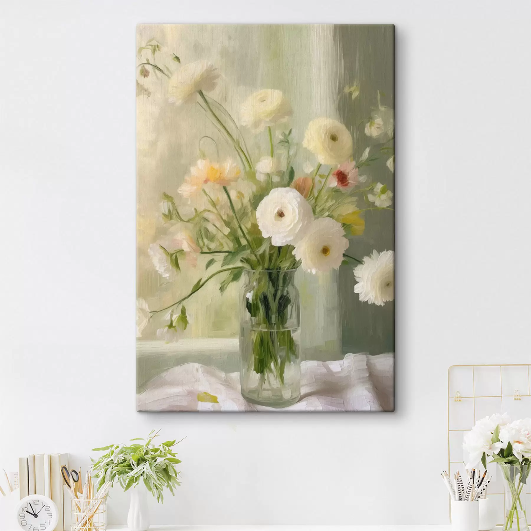  Schilderijen Een boeket witte en roze bloemen in een glazen vaas, met op de achtergrond een raam s50228