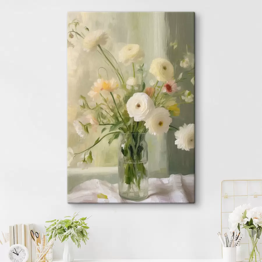  Peintures Un bouquet de fleurs blanches et roses dans un vase en verre, avec une fenêtre en arrière-plan s50228