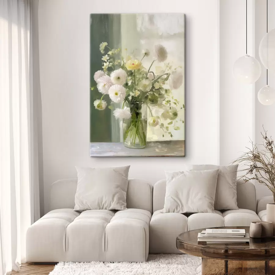  Peintures Un bouquet de fleurs blanches et roses dans un vase en verre, avec une fenêtre en arrière-plan s50229