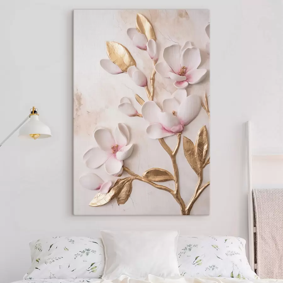  Peintures Fleurs de magnolia d'un rose délicat, texturées, rehaussées de touches jaunes s50230