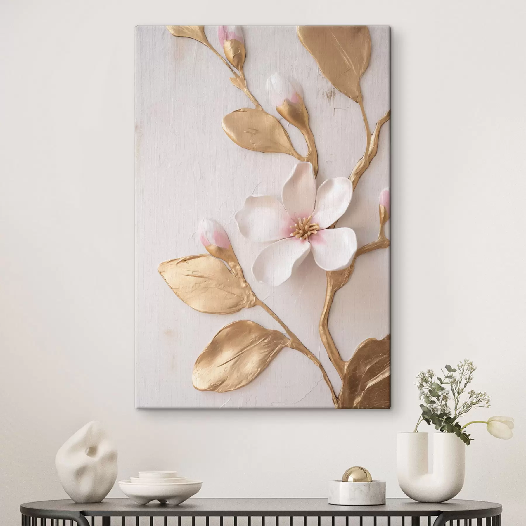  Schilderijen Magnoliabloemen in een zachtroze tint met textuur en gele accenten s50231
