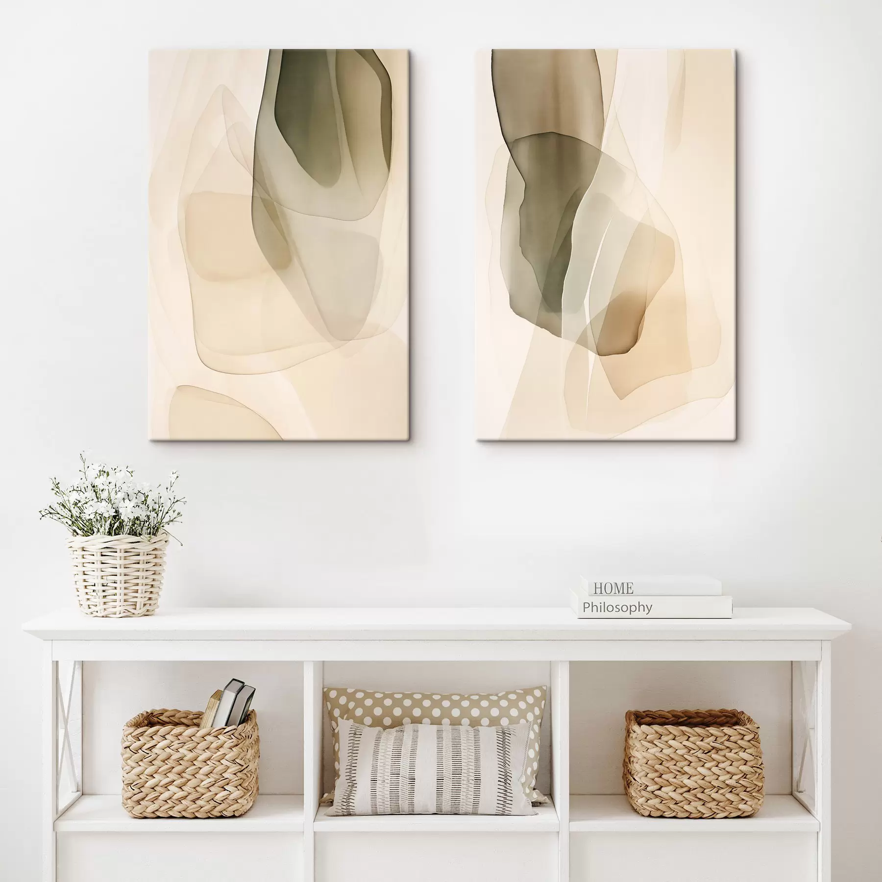  Schilderijen Abstracte, vloeiende, doorschijnende vormen in ingetogen beige-, crème- en olijfgroene tinten m30835