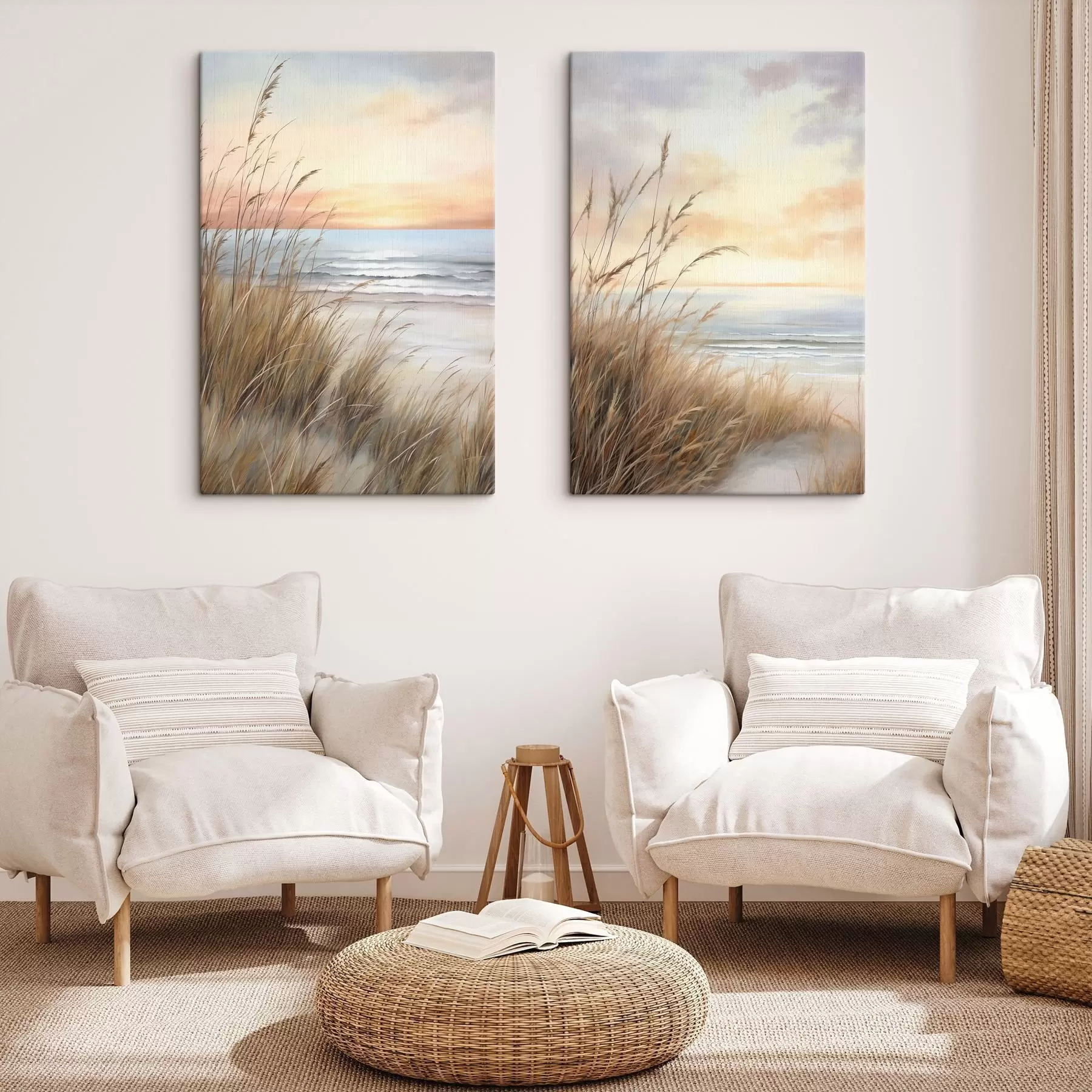  Peintures Au premier plan, de hautes herbes sèches, avec une plage et l'océan en arrière-plan ; un coucher de soleil aux teintes pastel m30838