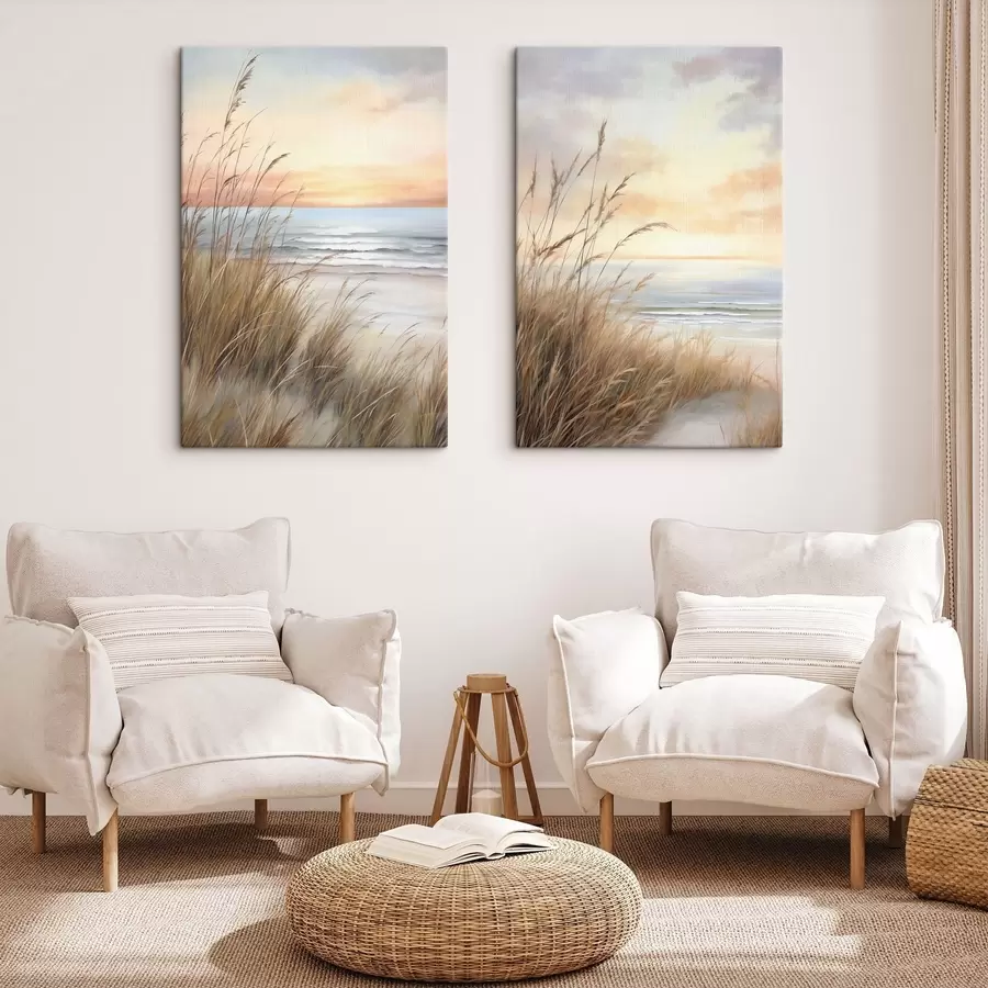  Peintures Au premier plan, de hautes herbes sèches, avec une plage et l'océan en arrière-plan ; un coucher de soleil aux teintes pastel m30838