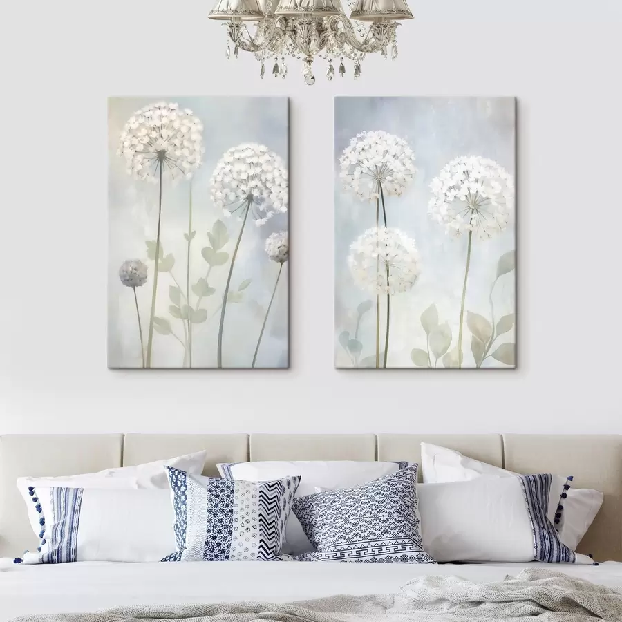  Peintures Des pissenlits blancs aux feuilles vertes sur un fond bleu pâle et blanc m30839
