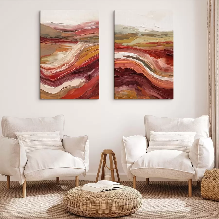  Peintures Paysage abstrait composé de couches texturées de rouge, d'orange et de beige m30841