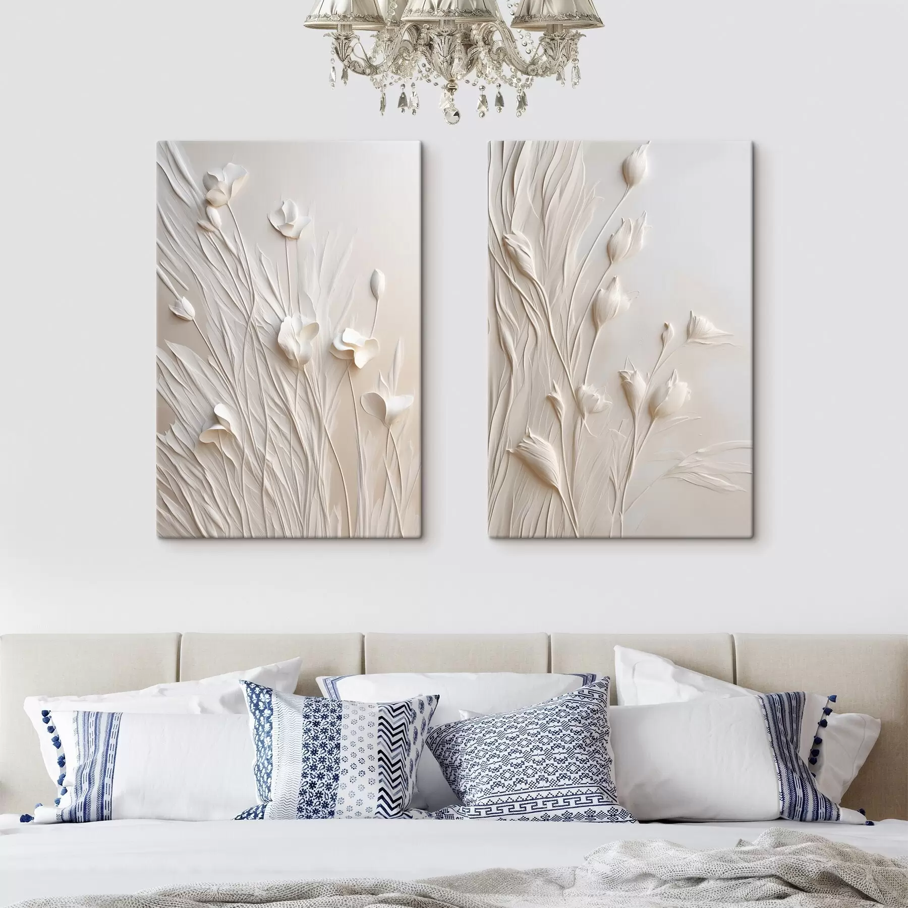  Peintures Des fleurs blanches et de l'herbe sur un fond pêche clair, illustration minimaliste m30846