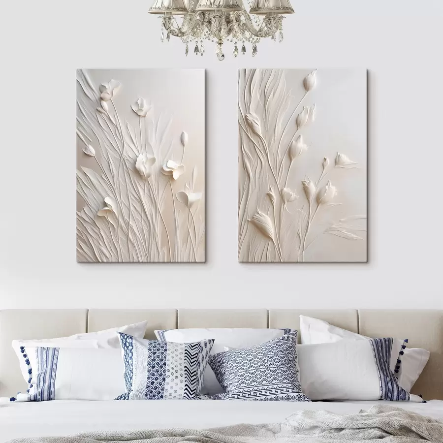  Peintures Des fleurs blanches et de l'herbe sur un fond pêche clair, illustration minimaliste m30846