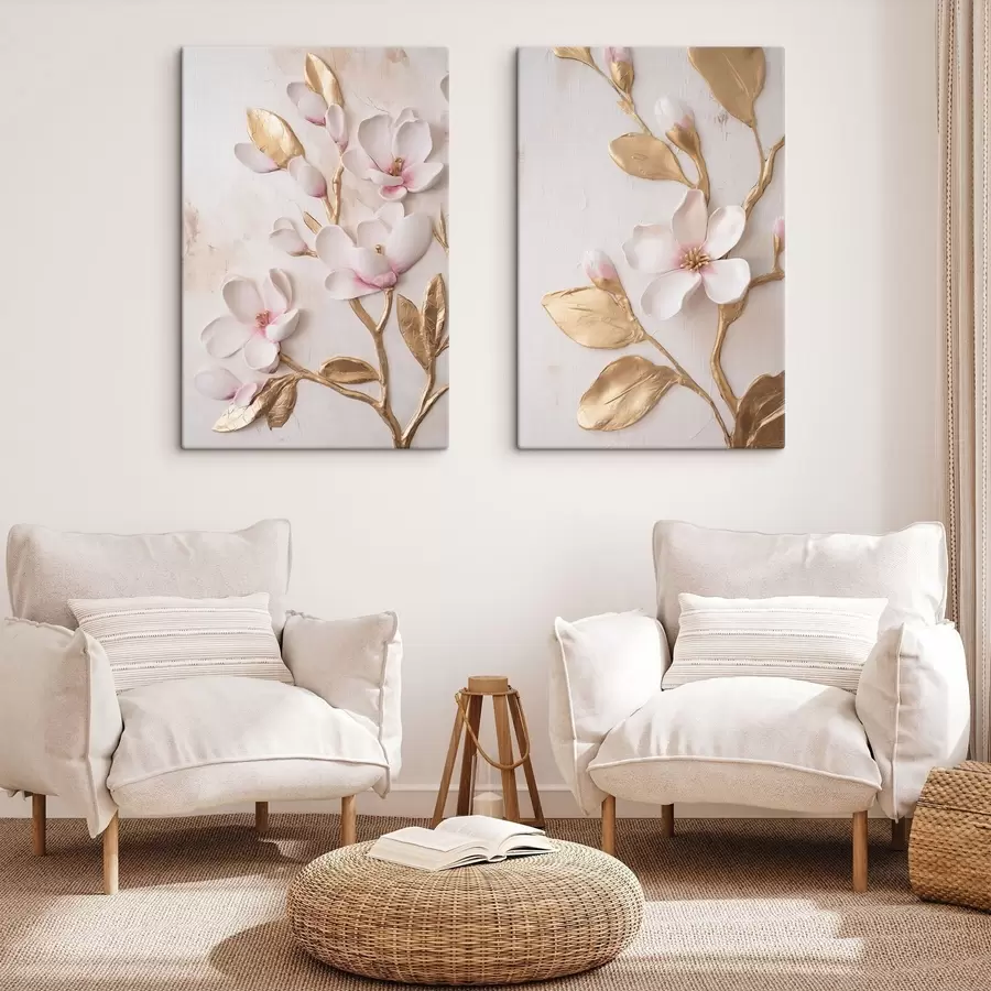  Peintures Fleurs de magnolia d'un rose délicat, texturées, rehaussées de touches jaunes m30848
