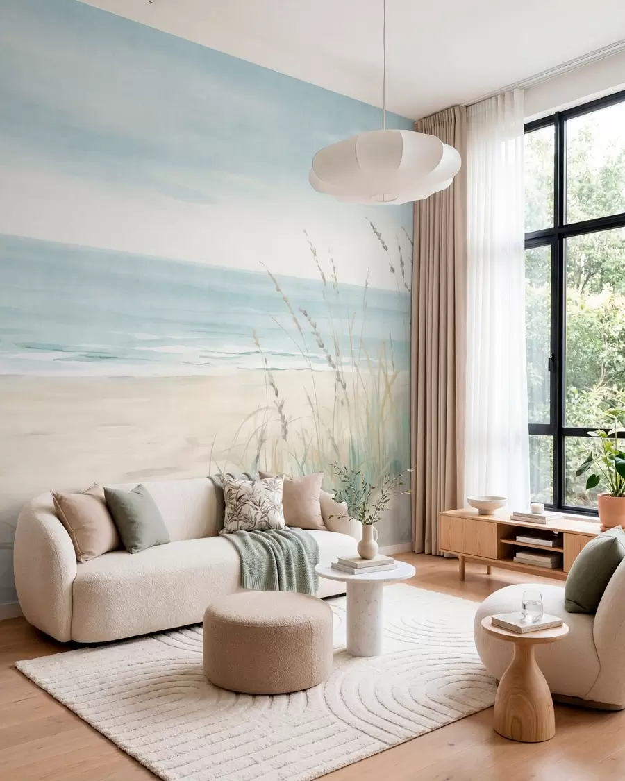 Fotobehang Schelpenzand met een rustig strand en grassen in zachte pasteltinten w05821