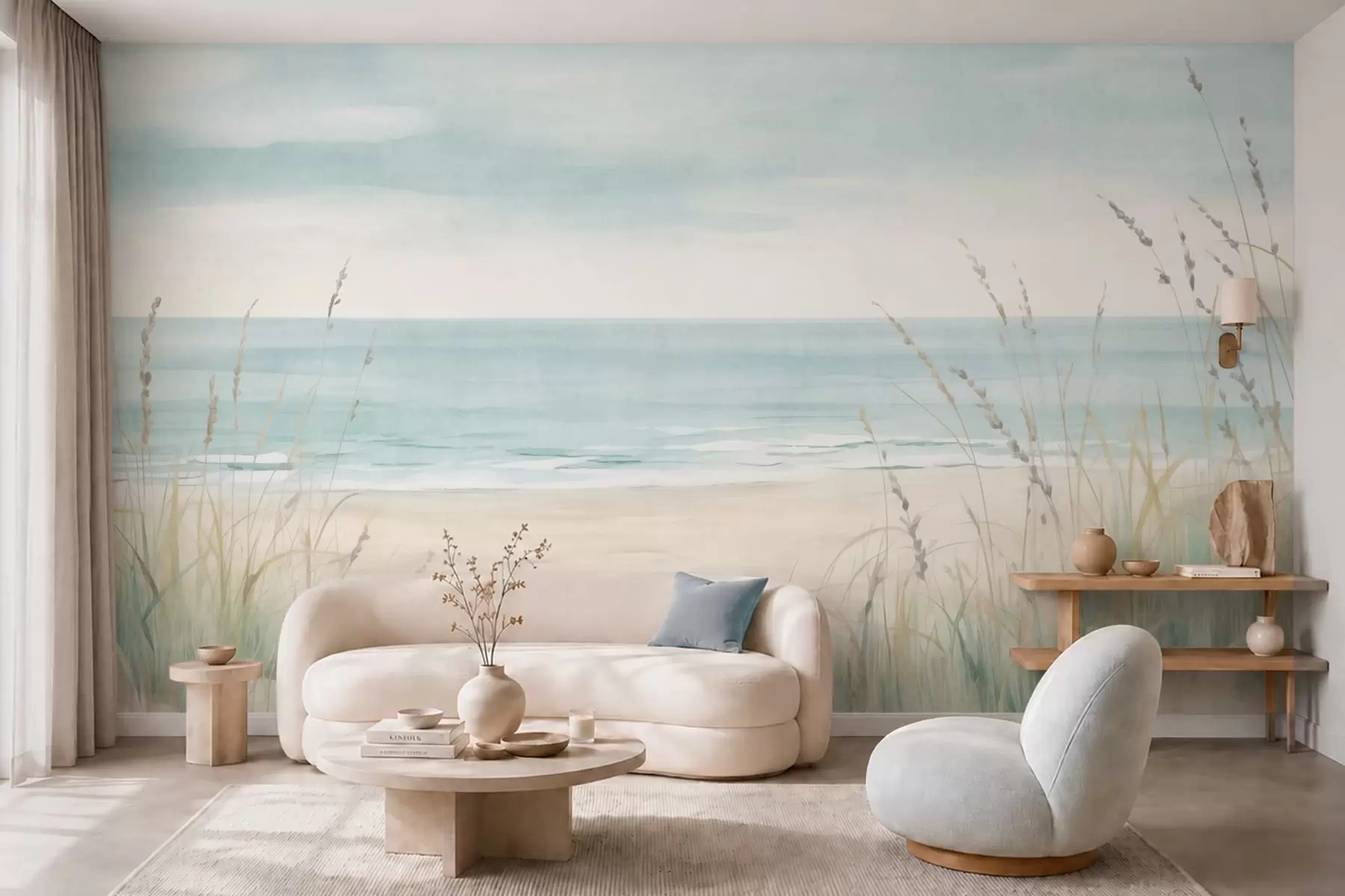 Fotobehang Schelpenzand met een rustig strand en grassen in zachte pasteltinten w05821