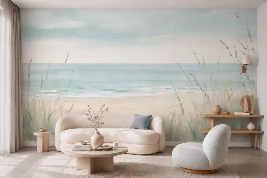 Fotobehang Schelpenzand met een rustig strand en grassen in zachte pasteltinten w05821