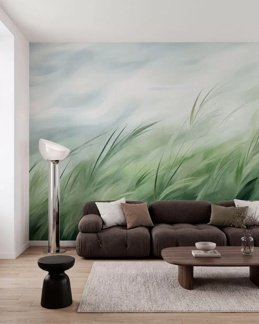 Fotobehang Saliegroen met fijne grassen die zachtjes meewaaien in een zacht briesje w05853
