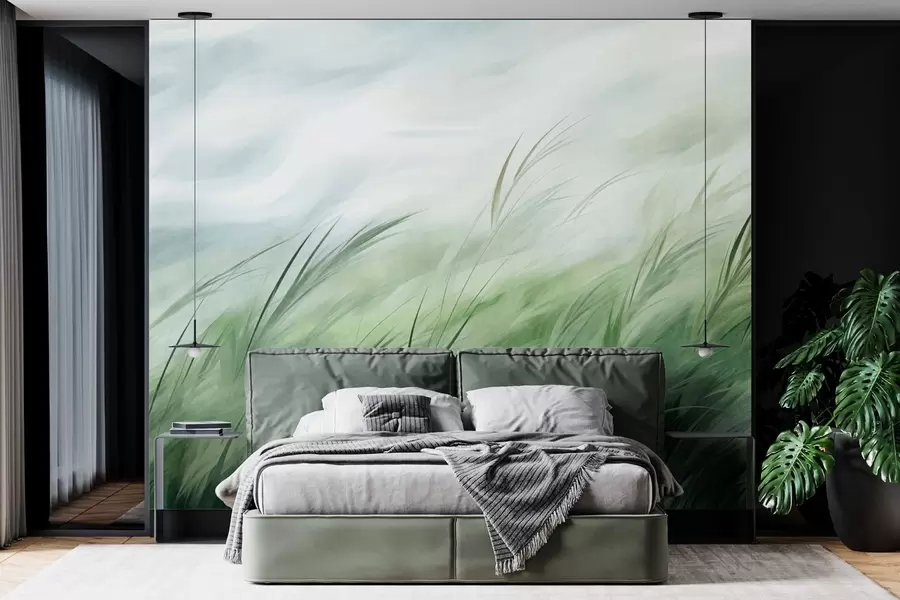Fotobehang Saliegroen met fijne grassen die zachtjes meewaaien in een zacht briesje w05853