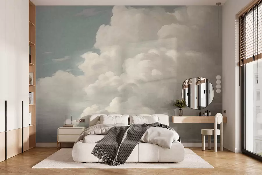Papier peint photo Une brume nacrée, parsemée de nuages doux et crémeux qui dérivent dans un ciel serein w05855