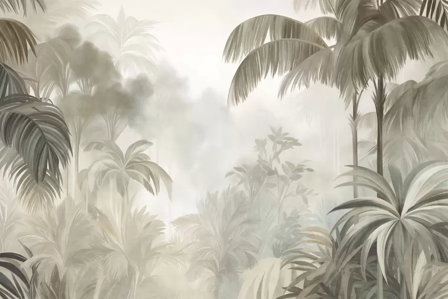 Fotobehang Een junglelandschap met textuur, met palmbomen en weelderig gebladerte, in een zachte, schilderachtige stijl w10016