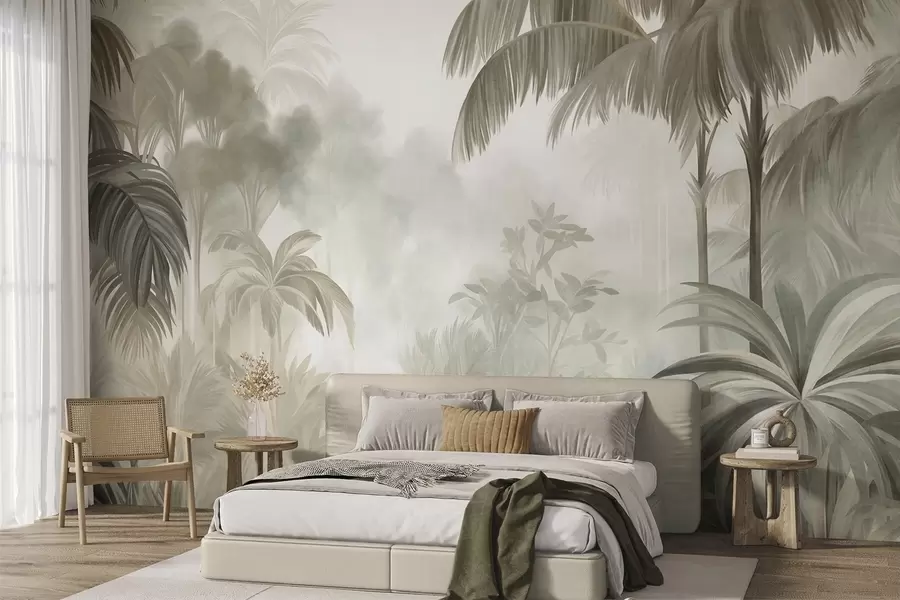 Papier peint photo Paysage de jungle texturé, avec des palmiers et une végétation luxuriante, dans un style doux et pictural w10016