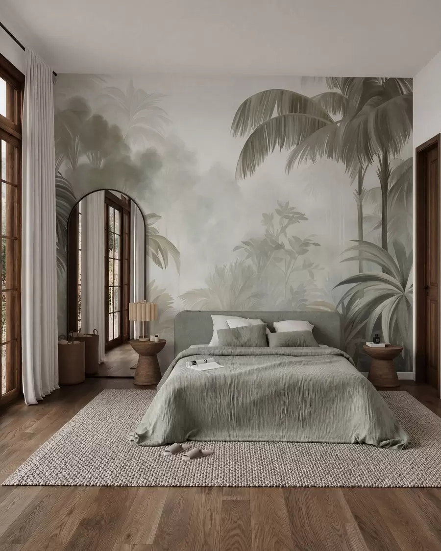 Papier peint photo Paysage de jungle texturé, avec des palmiers et une végétation luxuriante, dans un style doux et pictural w10016