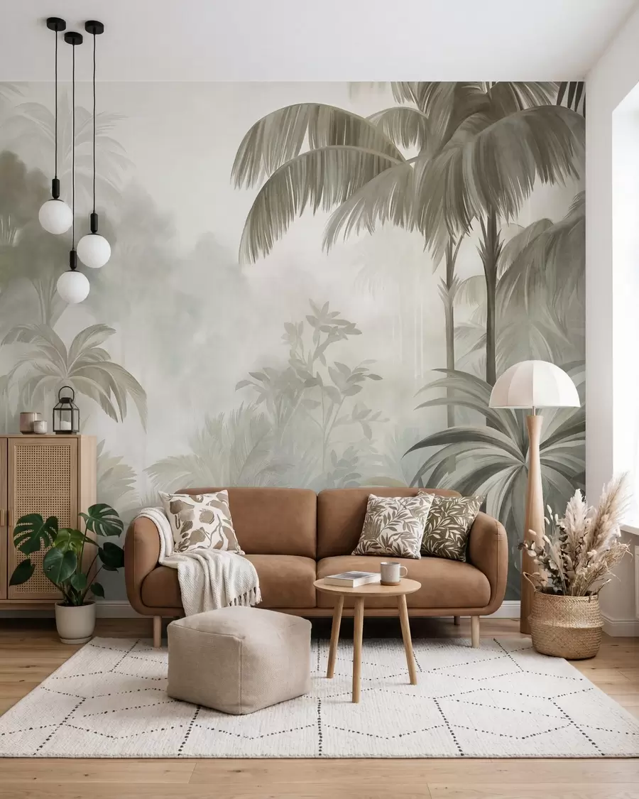 Fotobehang Een junglelandschap met textuur, met palmbomen en weelderig gebladerte, in een zachte, schilderachtige stijl w10016