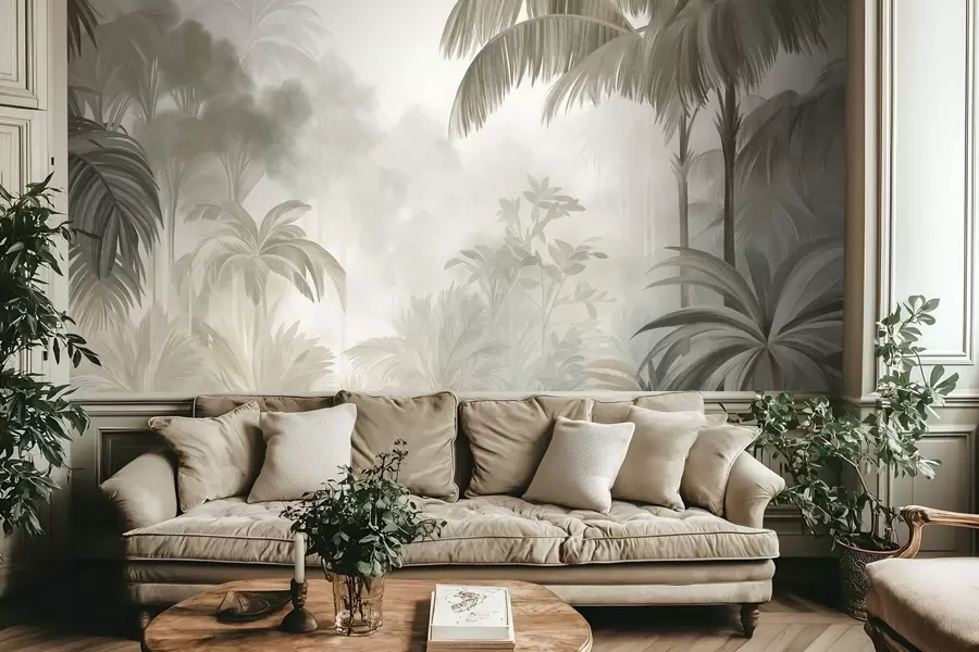 Fotobehang Een junglelandschap met textuur, met palmbomen en weelderig gebladerte, in een zachte, schilderachtige stijl w10016