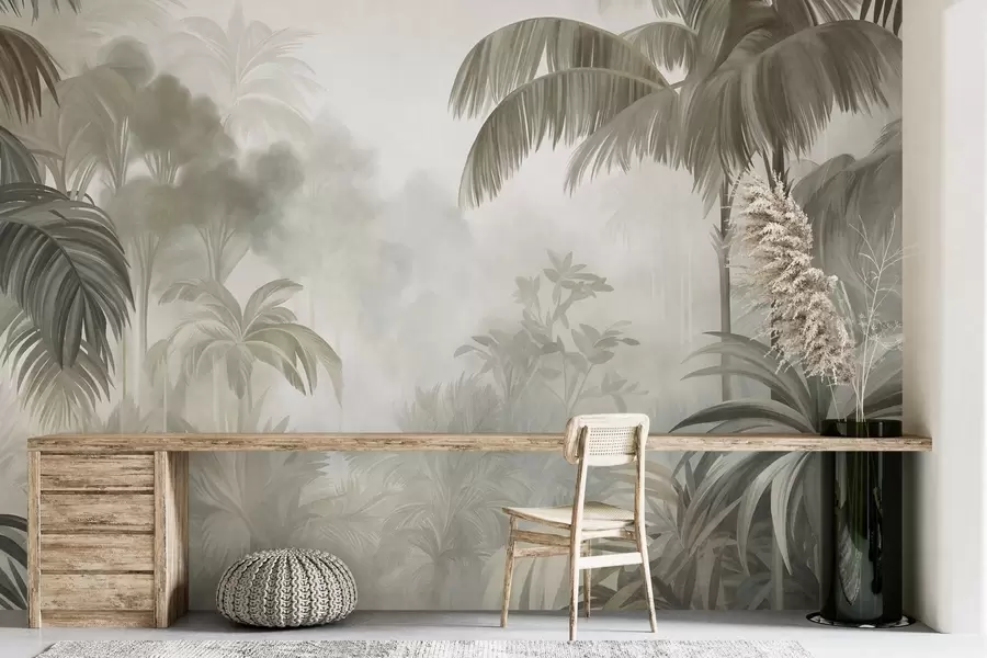 Fotobehang Een junglelandschap met textuur, met palmbomen en weelderig gebladerte, in een zachte, schilderachtige stijl w10016