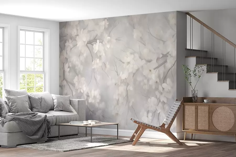 Fotobehang Witte kersenbloesems aan dunne takken, wazig, lichtgrijze achtergrond, kunstwerk met textuur w10012
