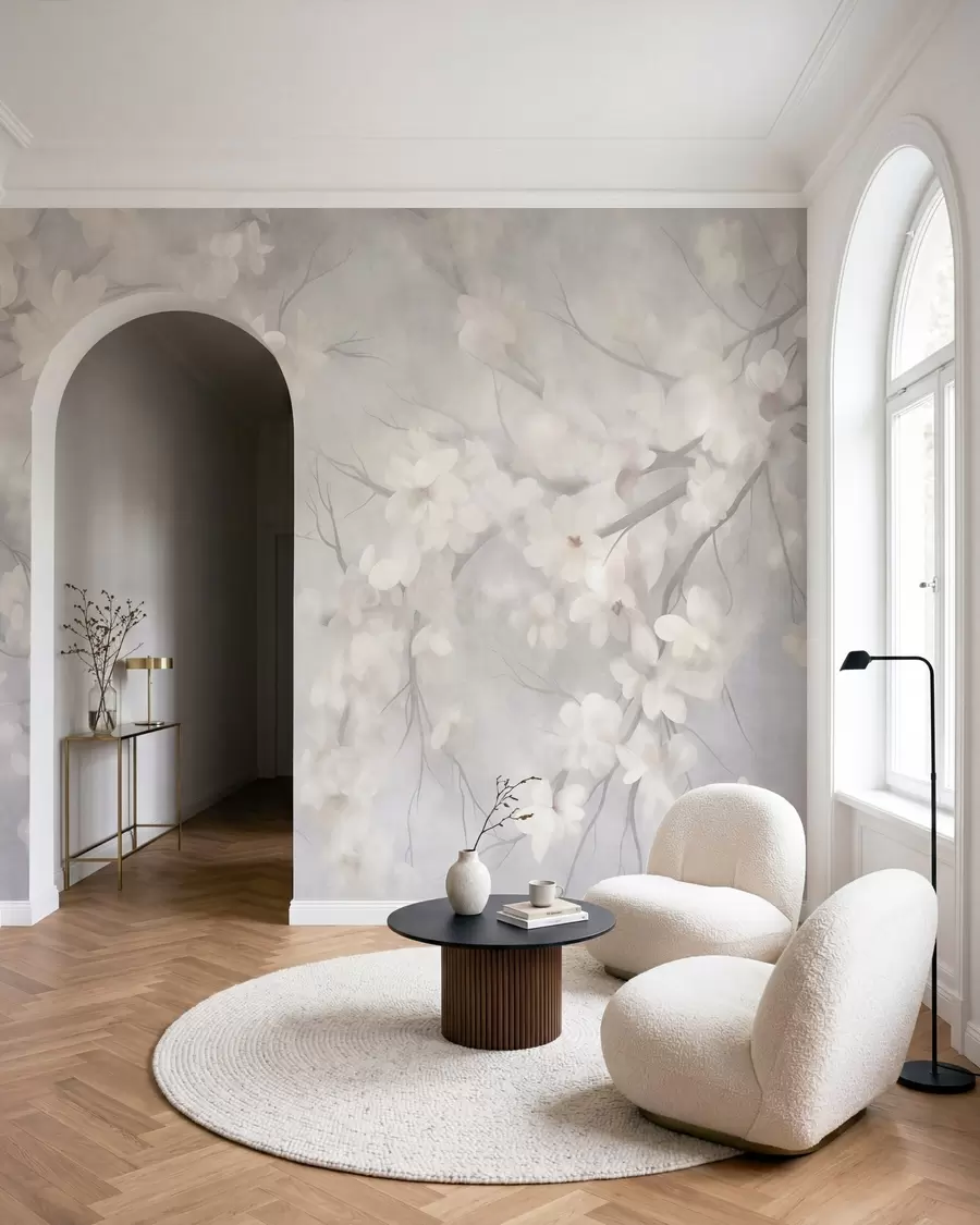 Fotobehang Witte kersenbloesems aan dunne takken, wazig, lichtgrijze achtergrond, kunstwerk met textuur w10012