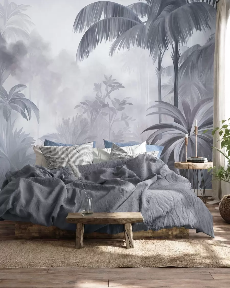 Papier peint photo Paysage de jungle texturé, avec des palmiers et une végétation luxuriante, dans un style doux et pictural w10016v1