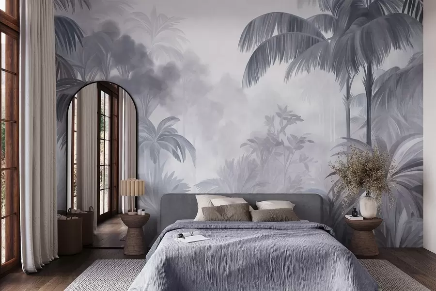Papier peint photo Paysage de jungle texturé, avec des palmiers et une végétation luxuriante, dans un style doux et pictural w10016v1