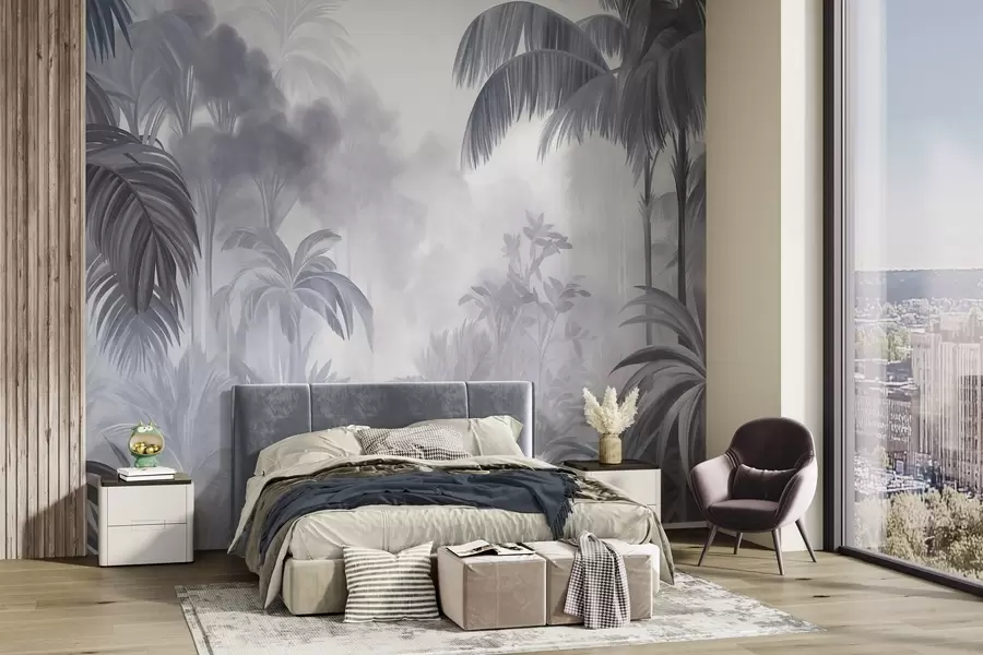 Papier peint photo Paysage de jungle texturé, avec des palmiers et une végétation luxuriante, dans un style doux et pictural w10016v1