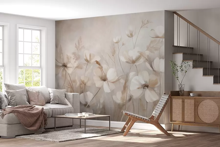 Fotobehang Een veld met lichtgekleurde bloemen en hoog gras in ingetogen tinten, kunst met textuur w10019