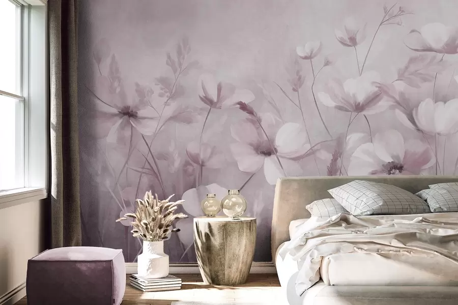 Papier peint photo Un champ de fleurs aux couleurs claires et de hautes herbes aux teintes douces, œuvre d'art texturée w10019v1