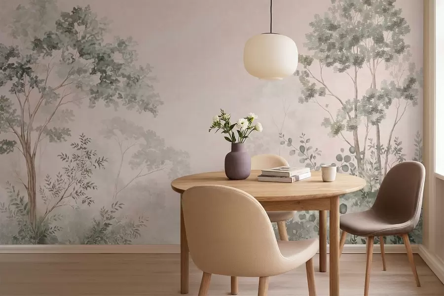 Fotobehang Bosbomen en struiken in mistige pasteltinten w05856