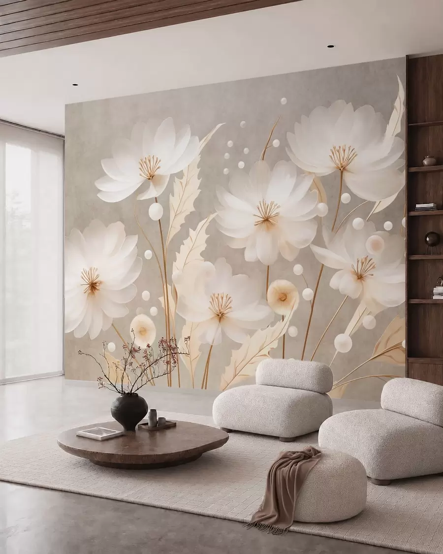 Fotobehang Grote witte bloemen met sierlijk blad tegen een grijze achtergrond w05857