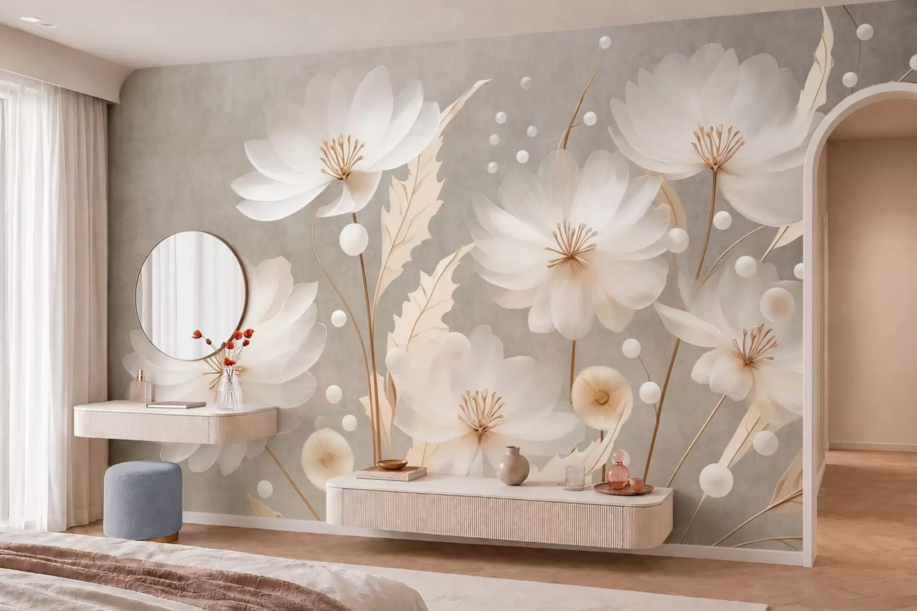 Fotobehang Grote witte bloemen met sierlijk blad tegen een grijze achtergrond w05857