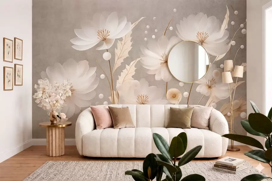 Fotobehang Grote witte bloemen met sierlijk blad tegen een grijze achtergrond w05857