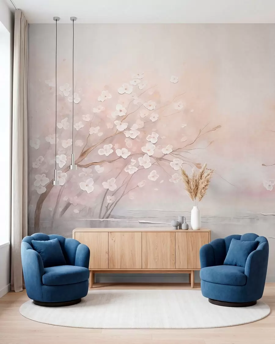 Fotobehang Bloeiende takken boven rustig water in zachte roze tinten w05858