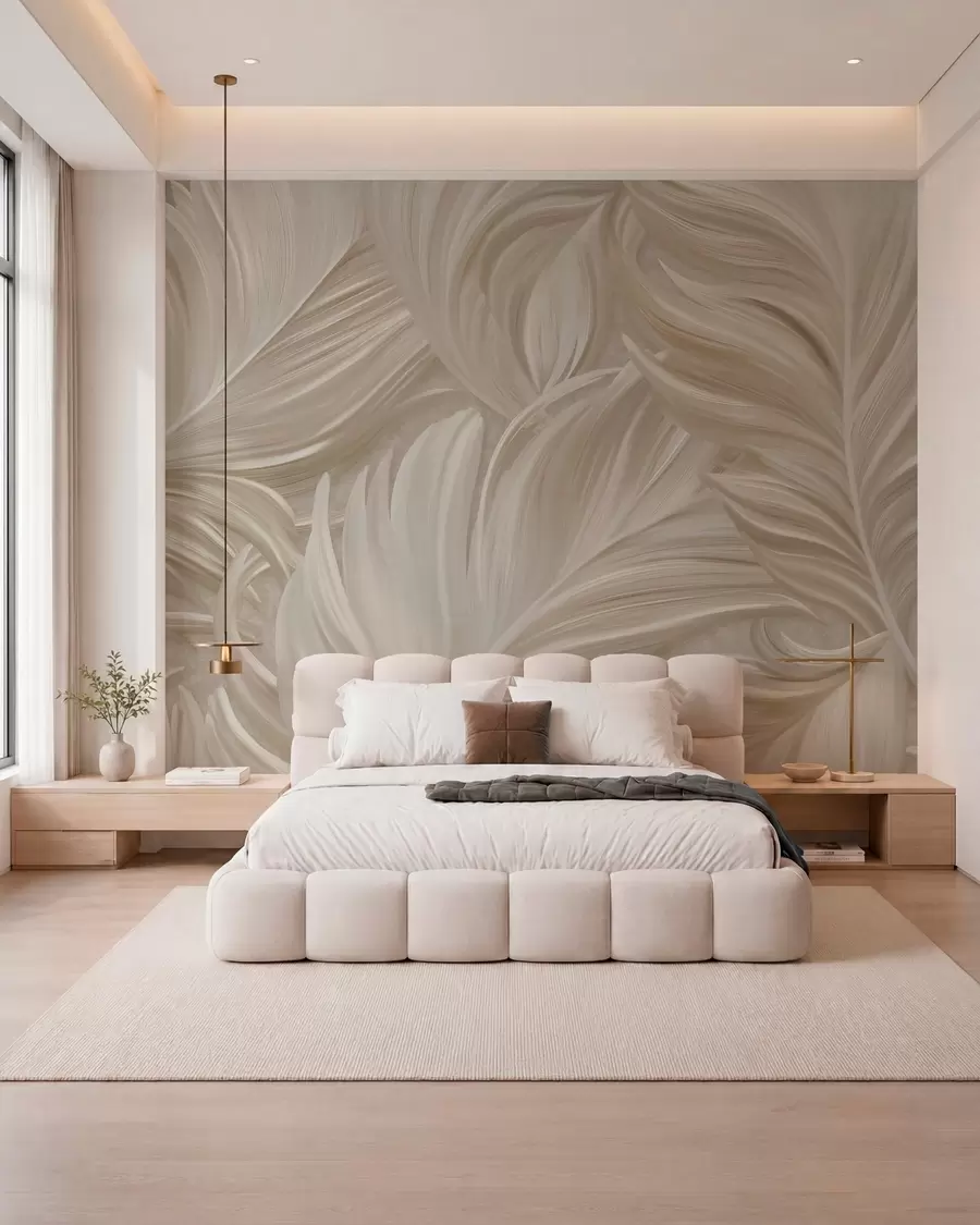 Fotobehang Een grote, beschilderde, gebogen veer in warme beige tinten w05757