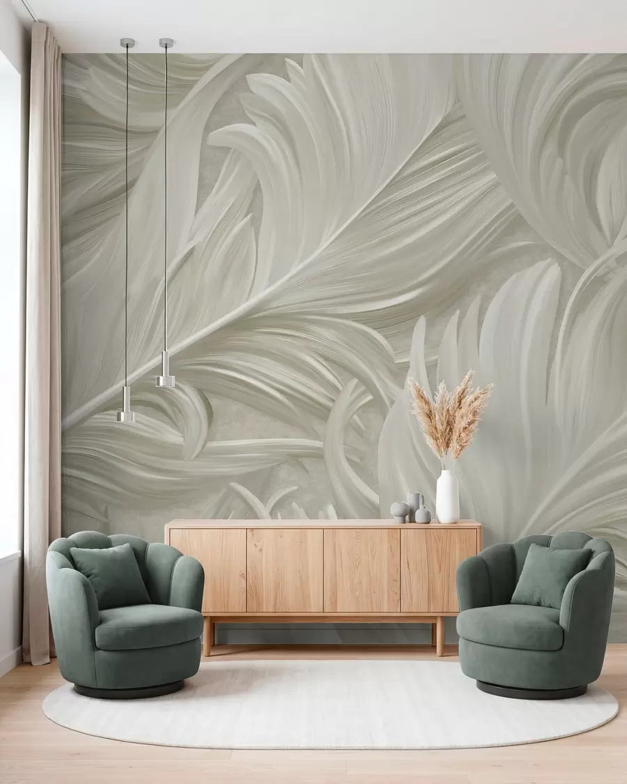 Fotobehang Een grote, beschilderde, gebogen veer in koele beige tinten w05757v2
