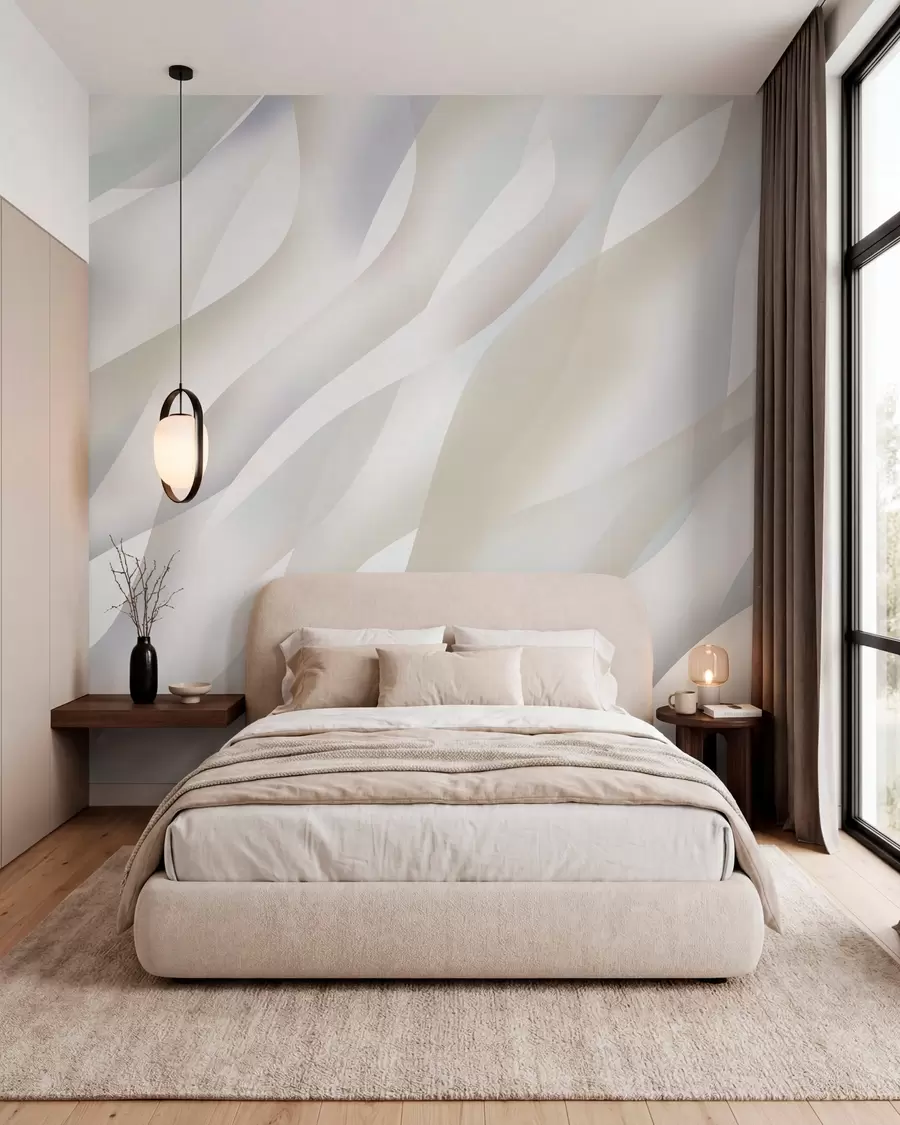 Papier peint photo Vagues abstraites dans des nuances de gris et de beige sur fond blanc w05758