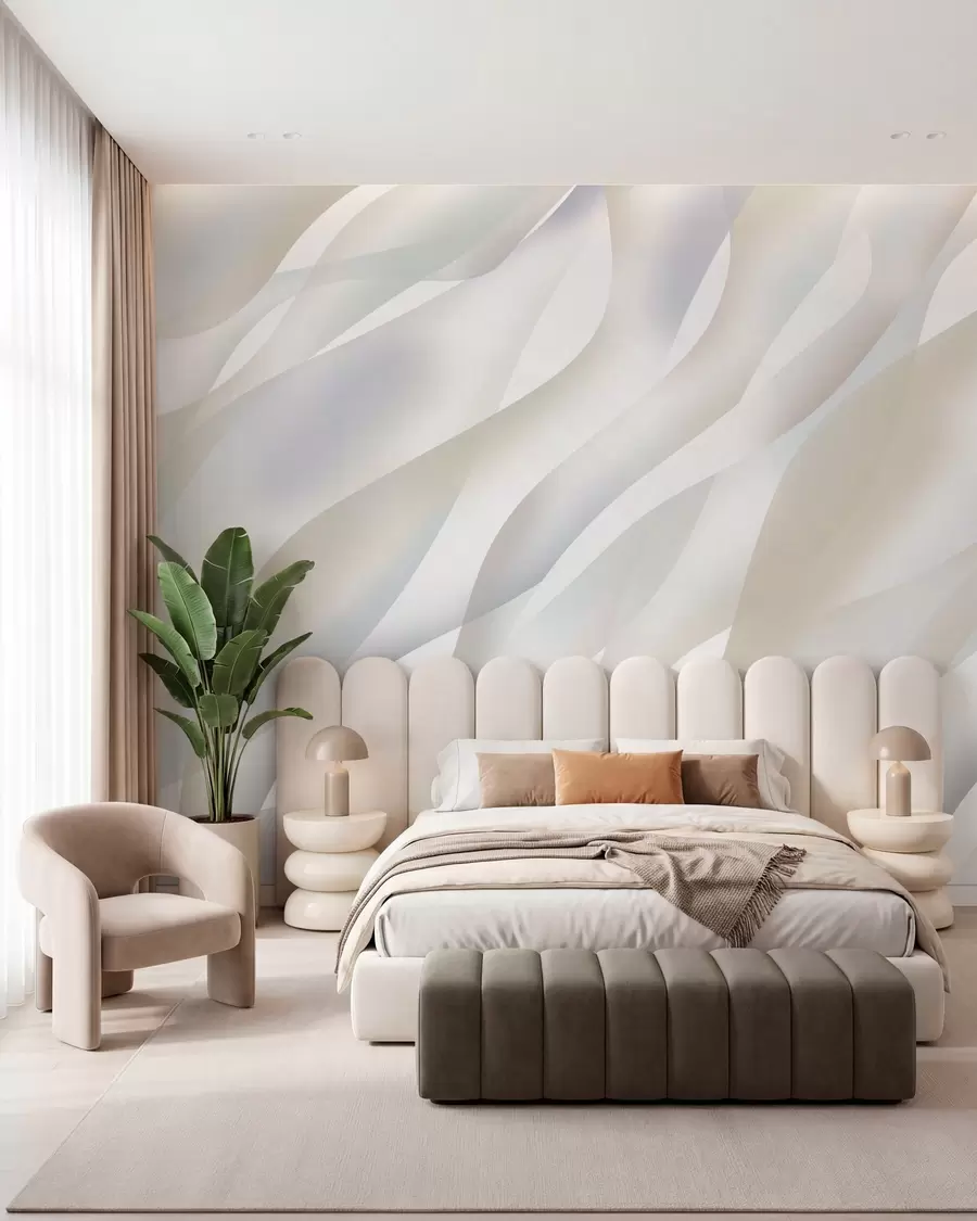 Fotobehang Abstracte golven in grijstinten en beige tegen een witte achtergrond w05758