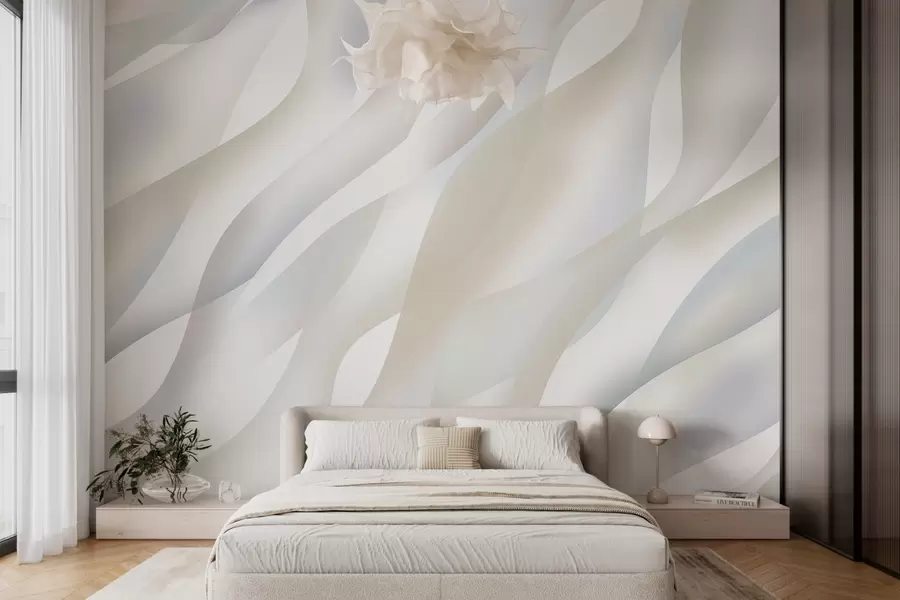 Fotobehang Abstracte golven in grijstinten en beige tegen een witte achtergrond w05758