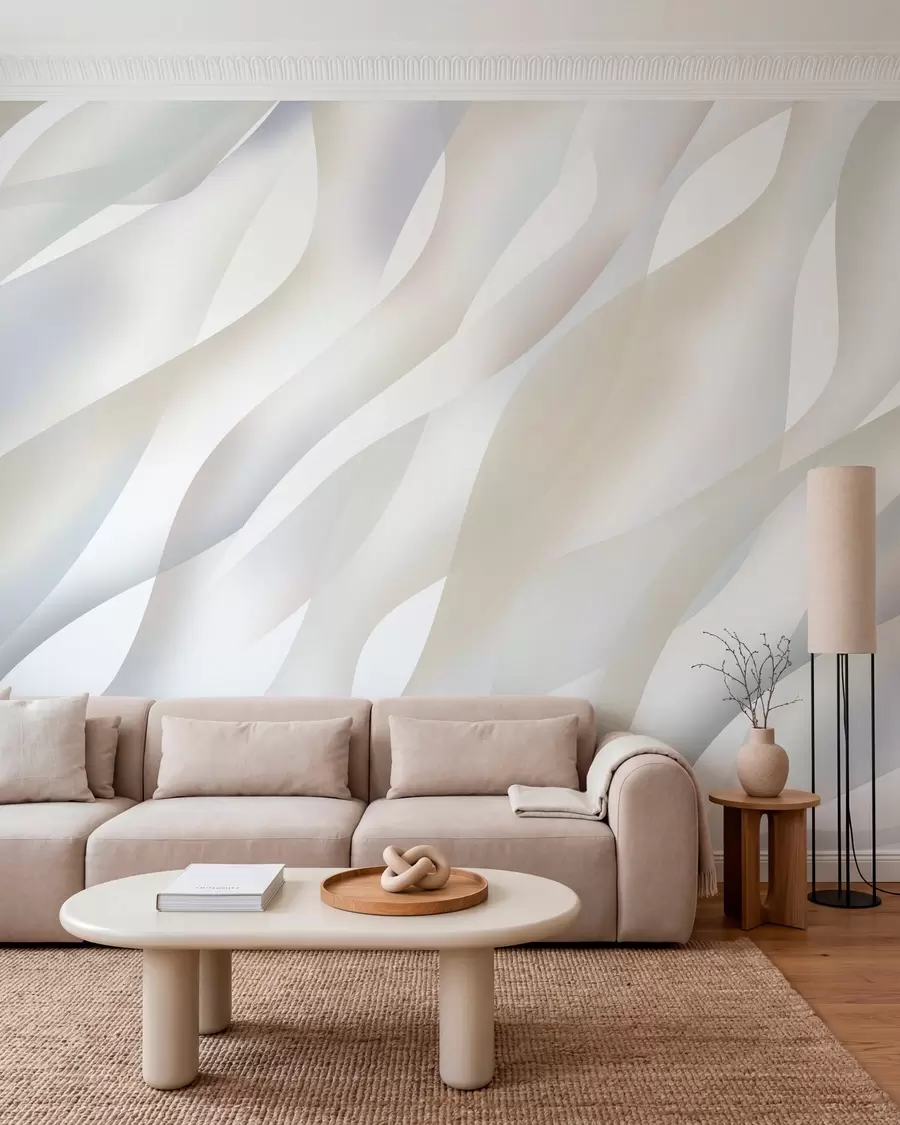 Papier peint photo Vagues abstraites dans des nuances de gris et de beige sur fond blanc w05758