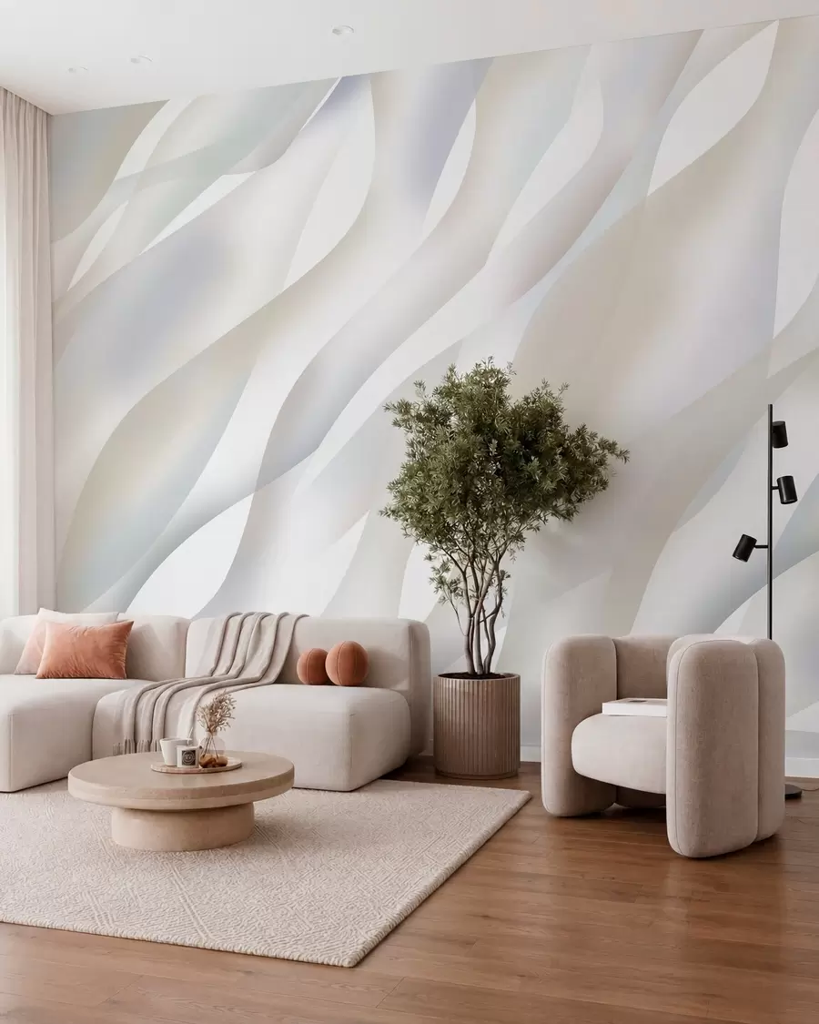 Fotobehang Abstracte golven in grijstinten en beige tegen een witte achtergrond w05758