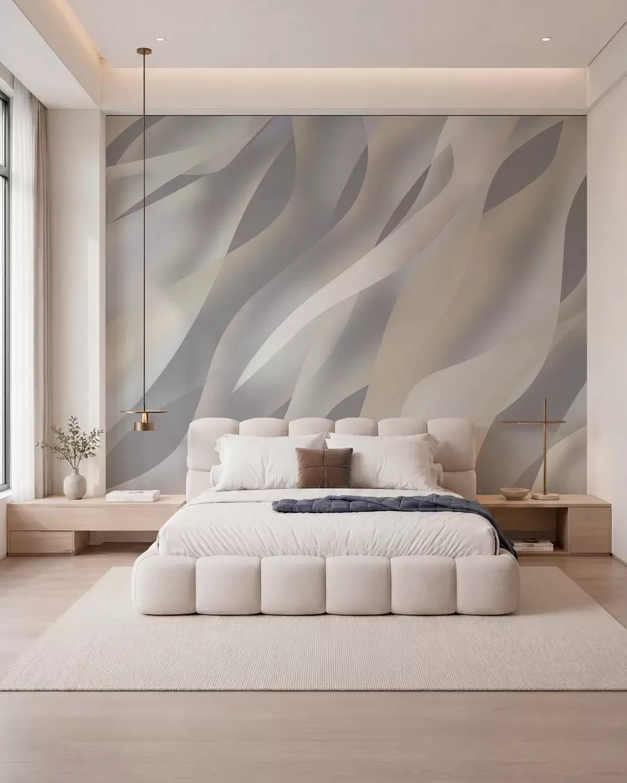 Fotobehang Abstracte golven in grijstinten en beige tegen een donkergrijze achtergrond w05758v2