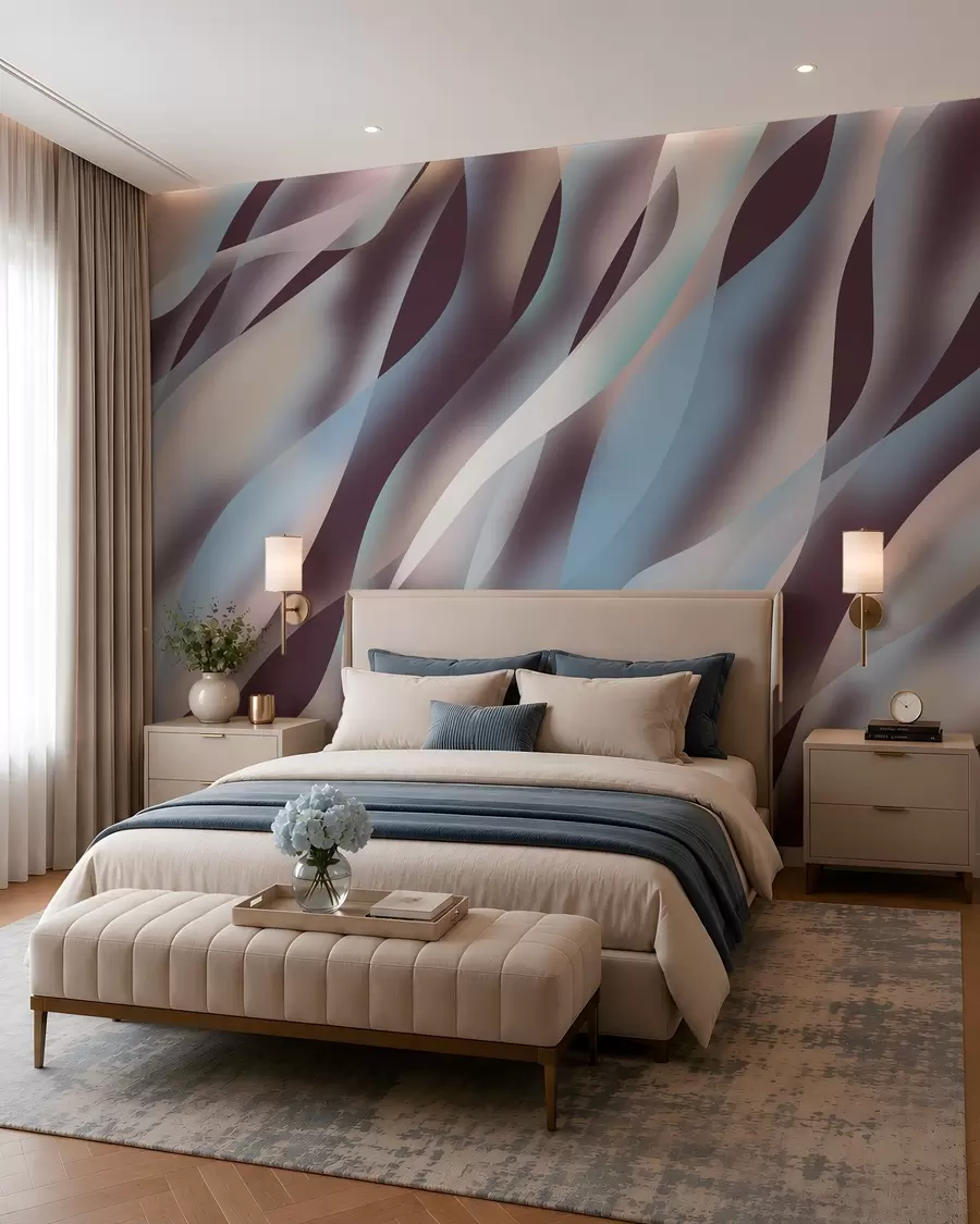 Fotobehang Abstracte golven in tinten blauw, roze en beige tegen een donkere auberginekleurige achtergrond w05758v3